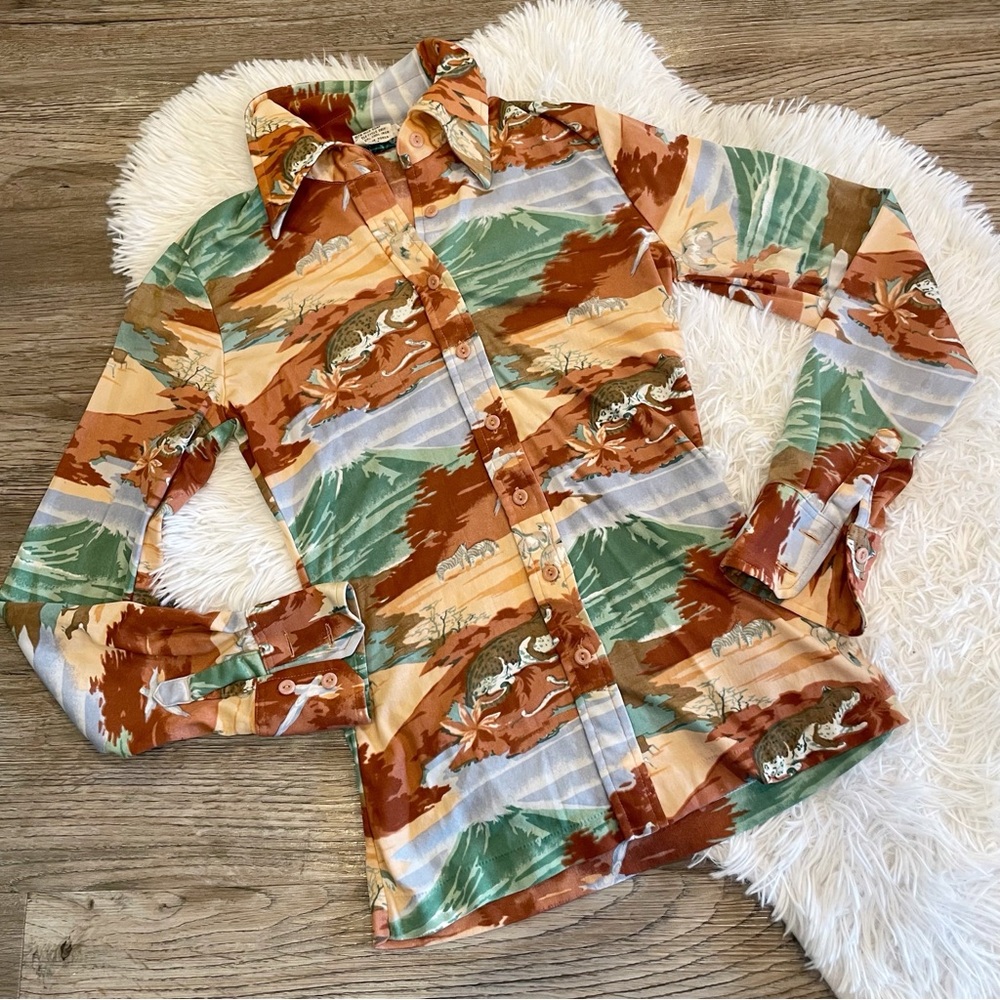 Huk-A-Poo Vintage 70s Safari Animal Desert Print Button Down Shirt Nylon Medium